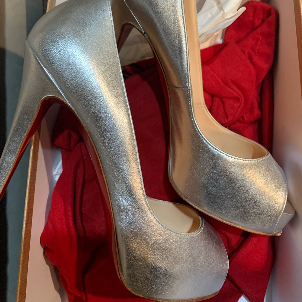 Christian Louboutin Silver Peep Toe Platform Pumps